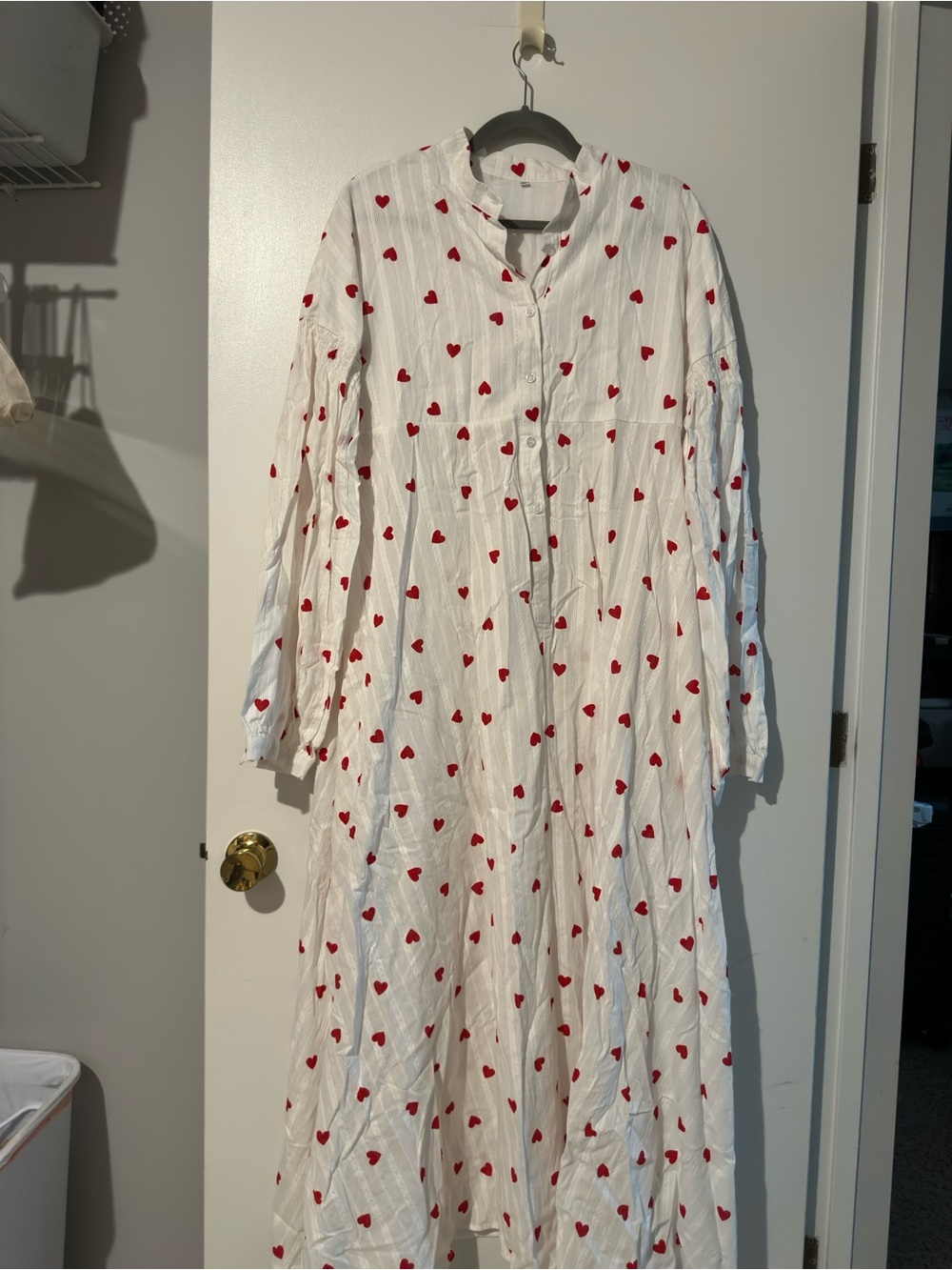 White Maxi Shirt Dress with Red Heart Print - Women's Maxi